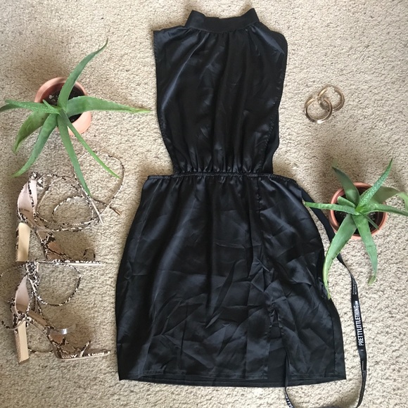 SOLD/PrettyLittleThing Black Silk Mini Dress - Picture 2 of 8